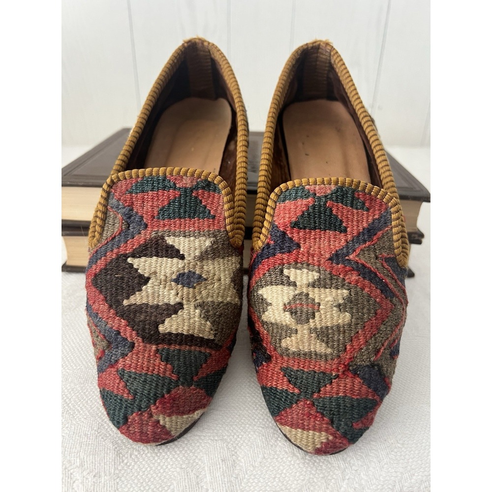 Made In Turkey Kilim Wool Loafers Flats Shoes Women's Size 6.5/7 Leather Sole